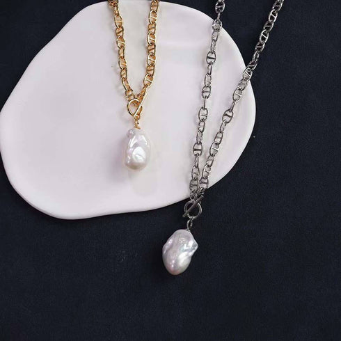Bold Gold Chain Large Baroque Pearl Necklace